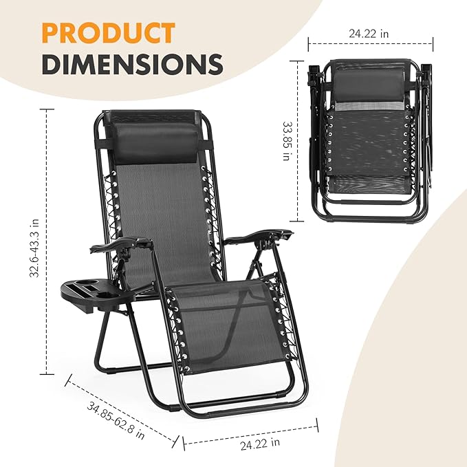NEWBULIG Zero Gravity Chair Set of 4, Lounge Chair Folding Portable Adjustable Camping Reclining Chairs with Adjustable Pollow, Mesh Back, Cup Holder Trays Lawn Patio Chair for Pool Beach - Black