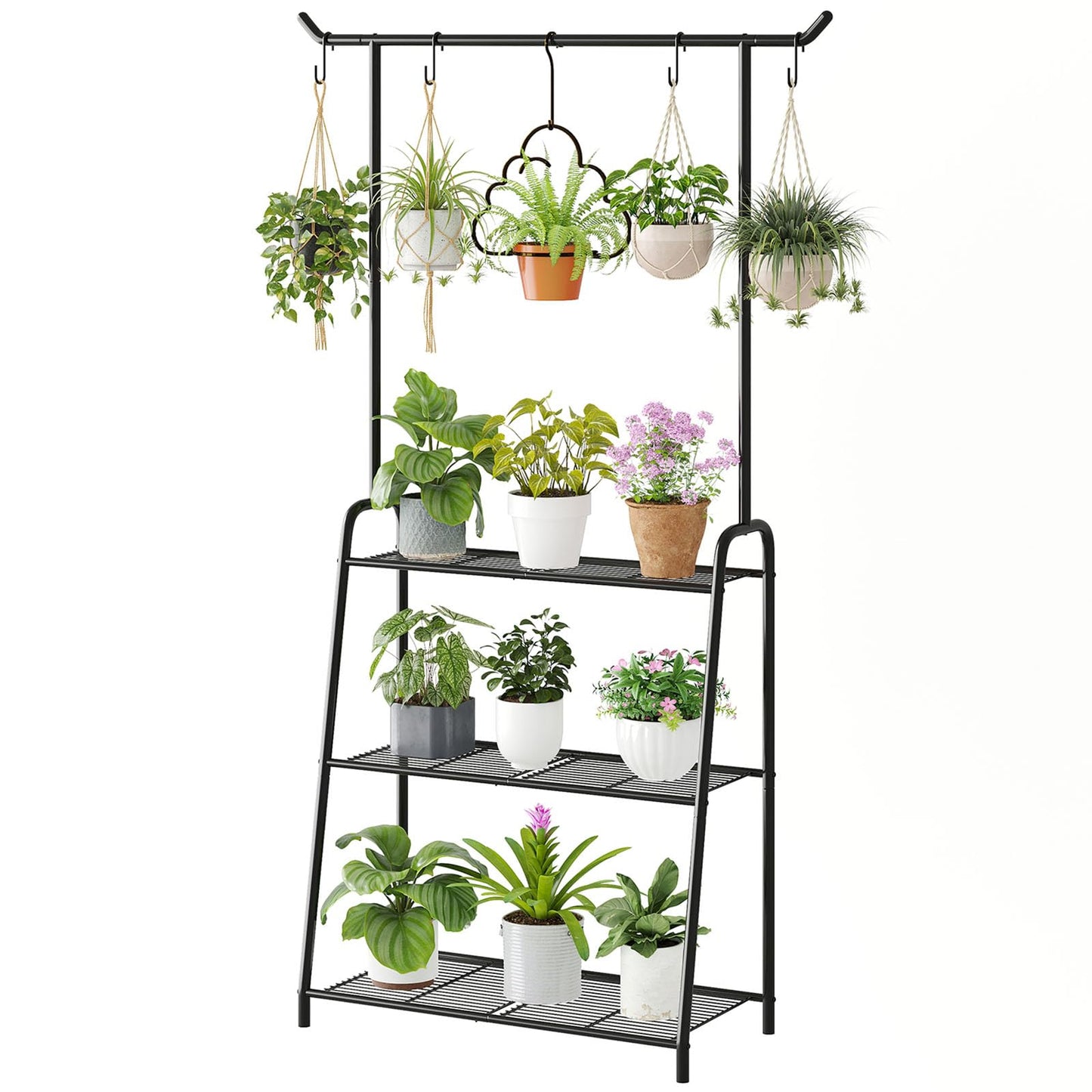 Wieghda Metal Plant Stand Indoor Outdoor, 3 Tier Tall Corner Plant Shelf, Hanging Flower Ladder for Living Room, Balcony, Garden, Patio (Black)