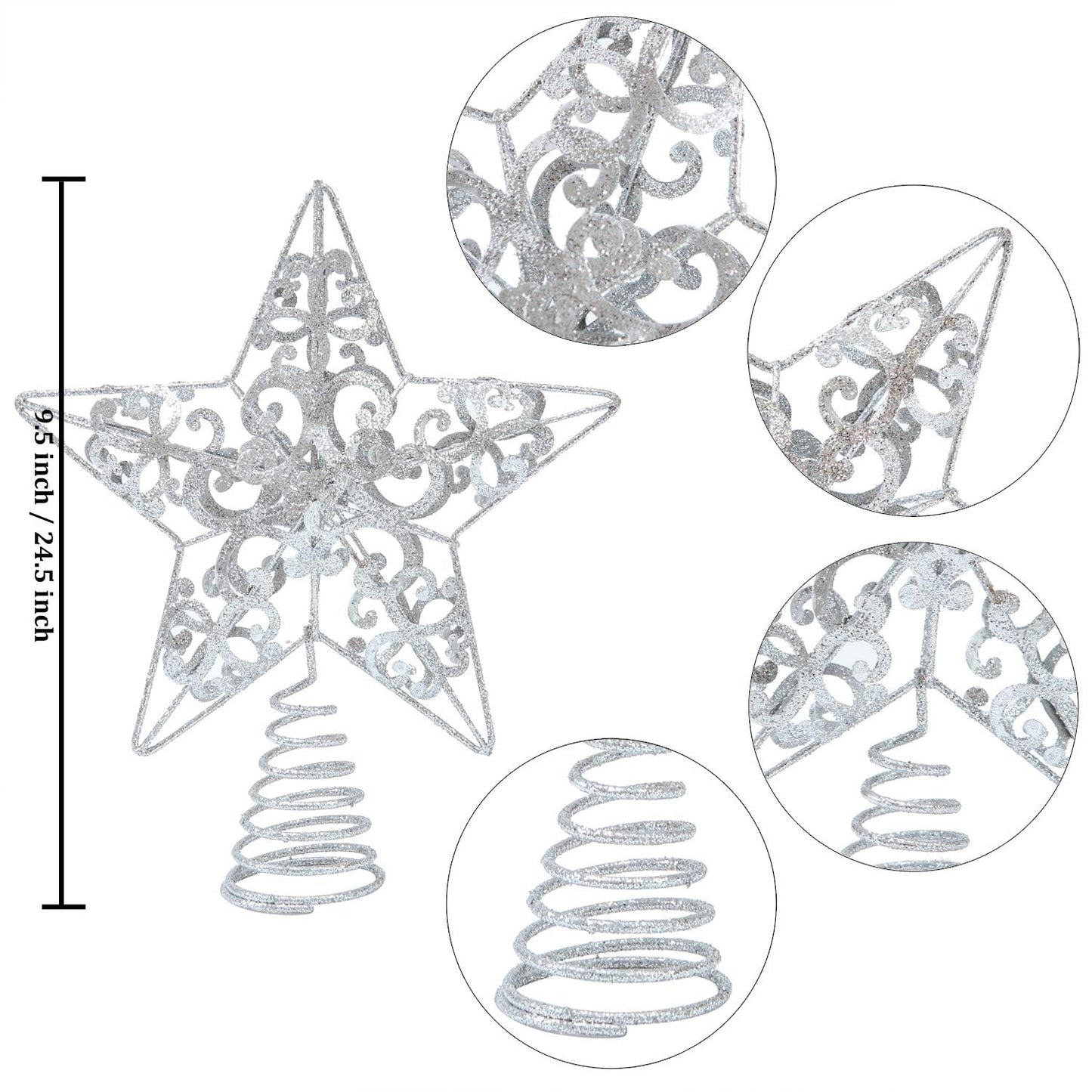 Aneco 10 Inches Christmas Treetop Star Metal Glittered Christmas Tree Topper Xmas Tree Decoration Topper for Christmas Holiday Home Office School Mall Decor, Silver