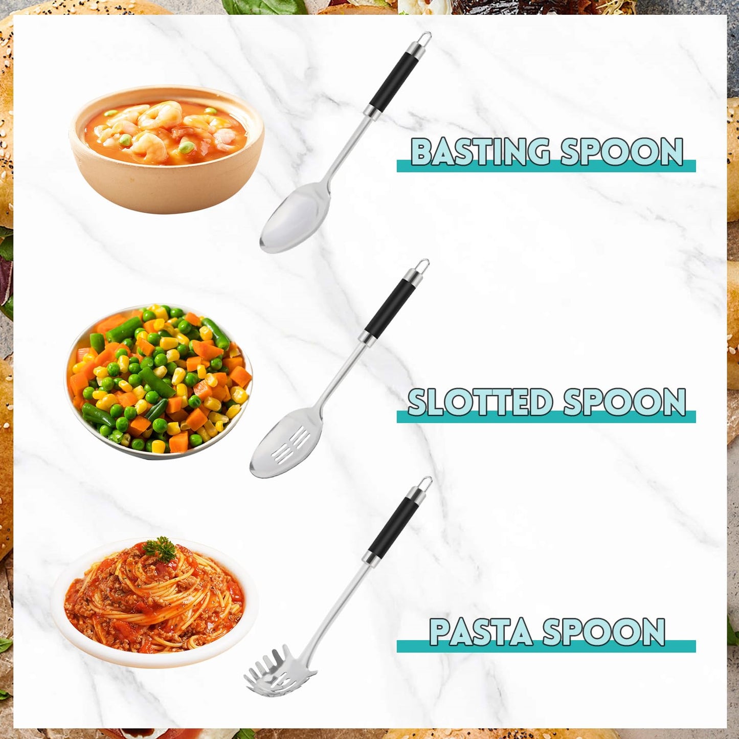 3-Piece,Stainless Steel Serving spoons set with Slotted Spoon, Serving and Spaghetti Spoon, kitchen cooking serving utensils set cooking spoon.