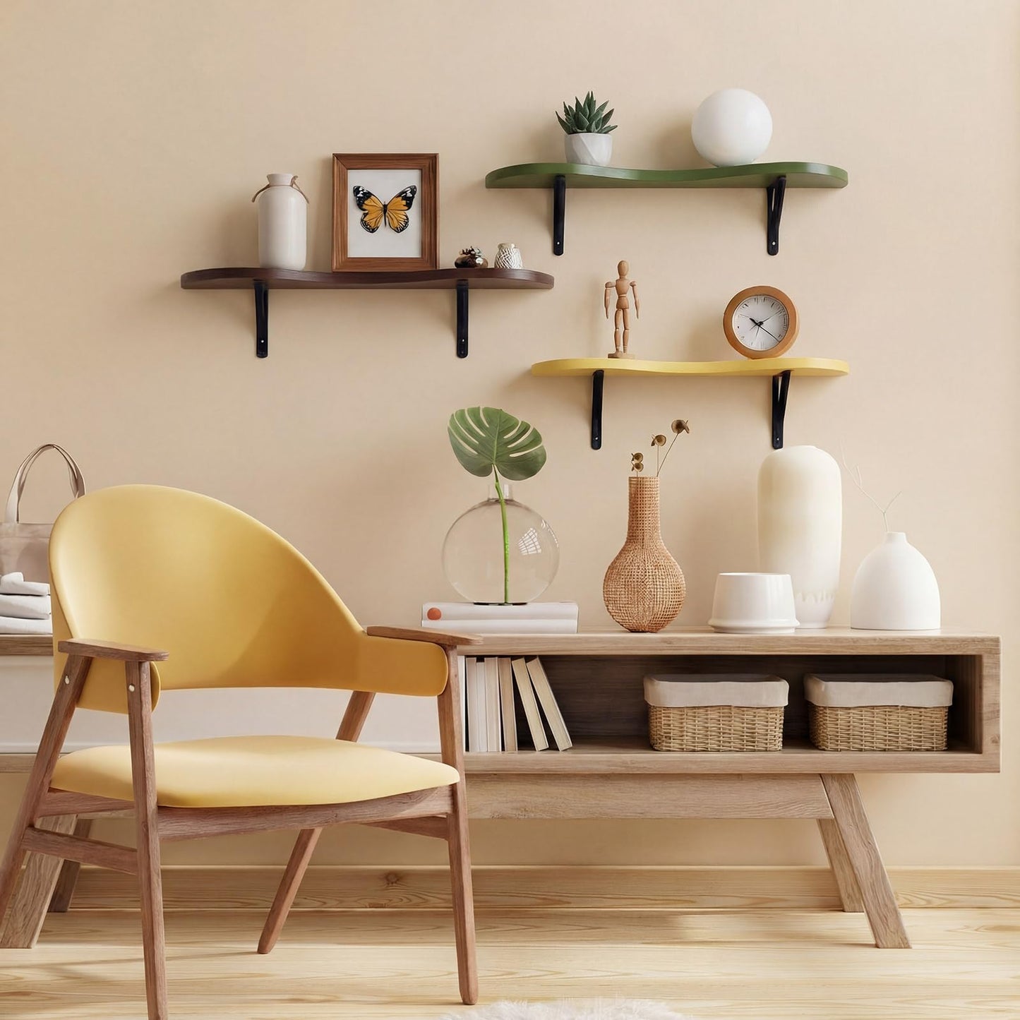 AceOrbit 3 Pcs Mid Century Floating Shelves Wavy Cloud Shelves Wooden Shelf Live Edge Wall Mount Shelf Rustic Farmhouse Mid Century Modern Ledge for Bedroom Living Room Home Decor Housewarming Gifts