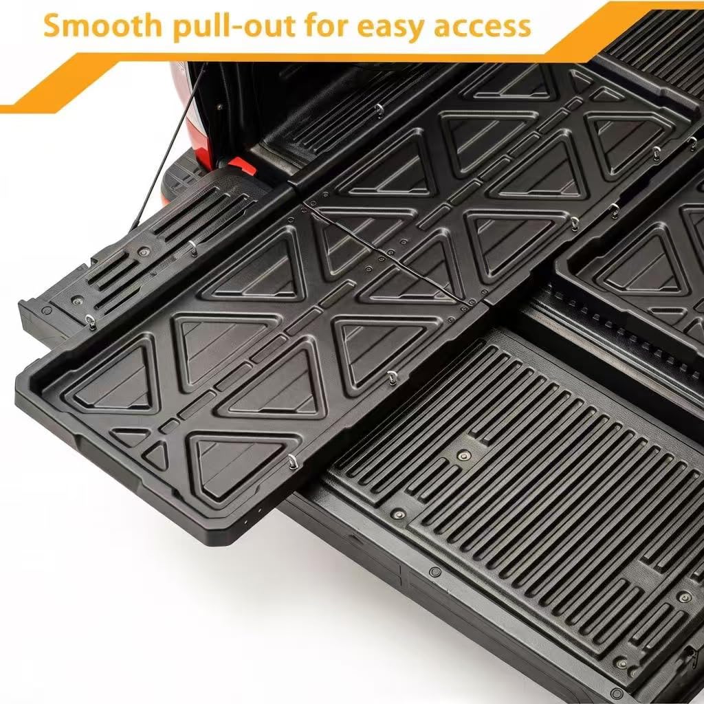 KOKSHELY Truck Bed Slide Out Cargo Tray, 56" L x 42.9" W Size Slide-Out Truck Bed Organizer Tray for 5’+Long Beds, Sliding Truck Organizers and Storage Tray with Open Hooks & Elastic Cargo Net
