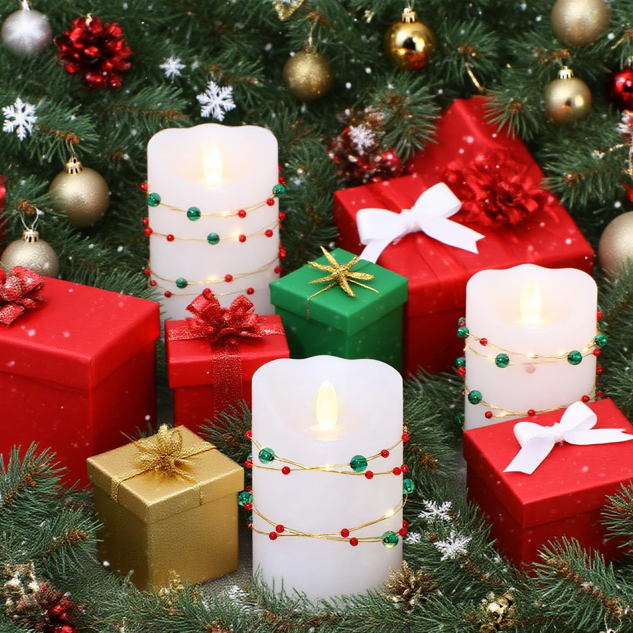 Flameless Candles with Red Green Beads String Lights - Real Wax Christmas Decor Battery Operated Candles with Remote & Timer- Home Party Bedroom Holiday Valentine's Day Decorations - Set of 3
