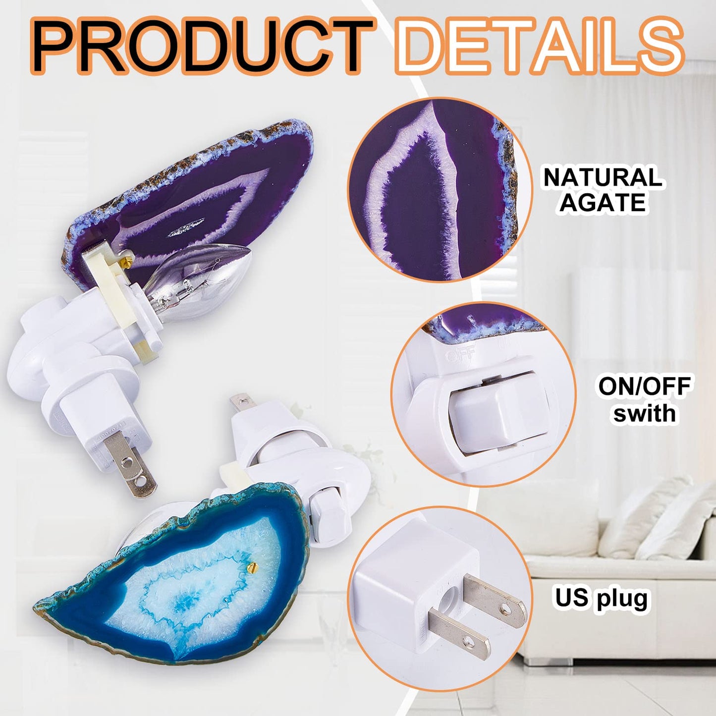 Funtery 2 Pcs Agate Night Light Agate Slice Light Crystal Nightlight Plug into Wall with Switch Crystal Lamp LED Hallway Stairways Home Decor for Toilet Kitchen Bedroom, Blue Purple