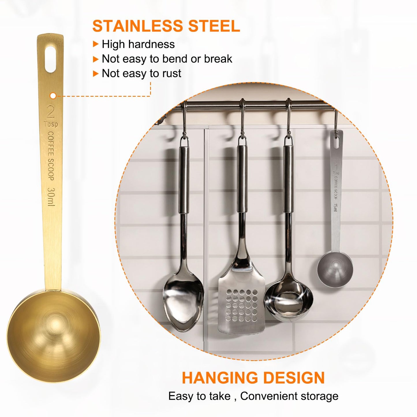 HARFINGTON 2pcs Coffee Scoop Spoon 2tbsp (6tsp, 30ml) 304 Stainless Steel Long Handle Teaspoon/Tablespoon Measuring Spoons Scoops for Tea Sugar Kitchen, Gold