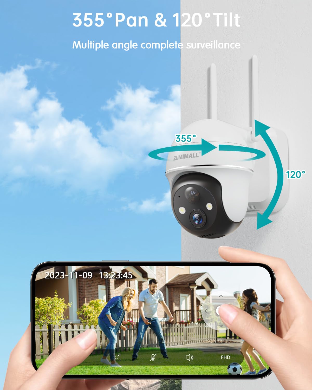 ZUMIMALL Security Cameras Wireless Outdoor, 360°View, 2K Battery Powered Cameras for Home Security, 3MP Color Night Vision, 2-Way Talk, IP66, AI Analysis, Cloud Storage, Alexa