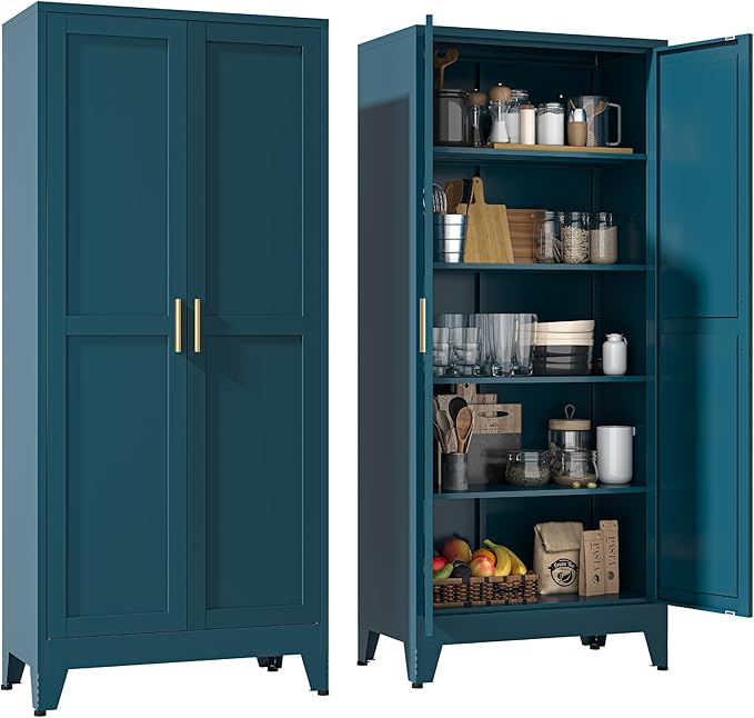 YAUWOH 71''Metal Cabinet with 4 Adjustable Shelves, 5-Tier Pantry Storage