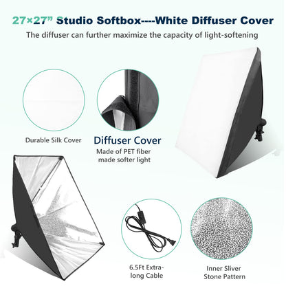Torjim Softbox Photography Lighting Kit, 2Pcs 27" x 27" Professional Soft Box | 3000K-7500K 85W LED Bulbs with Remote, Photography Continuous Lighting Kit for Studio Lights, Portrait, Video Recording
