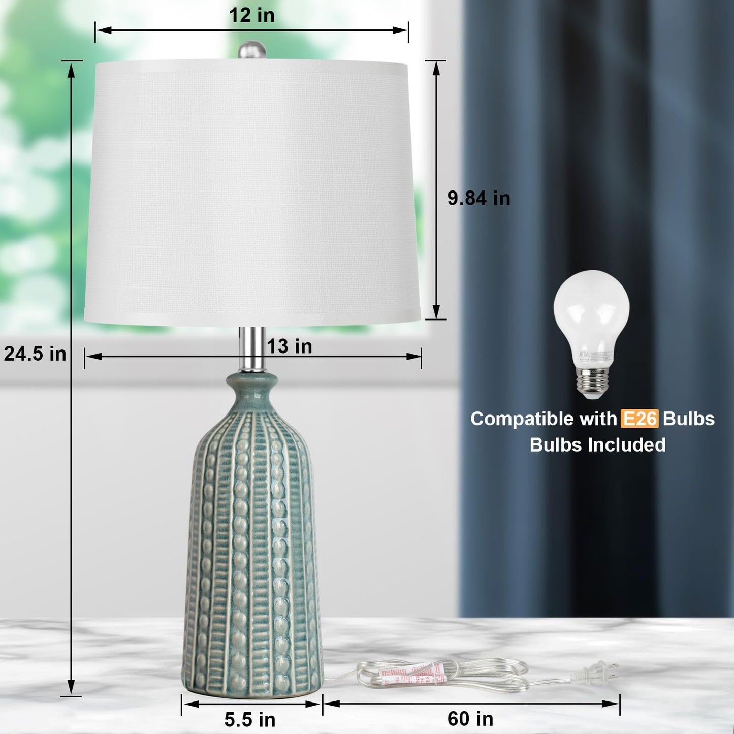JUNNAI Green Ceramic Table Lamp 24.5": 3-Way Dimmable Nightstand Lamp with White Drum Lamp Shade | Modern Bedside Lamp for Bedrooms & Living Room (Bulb Included)