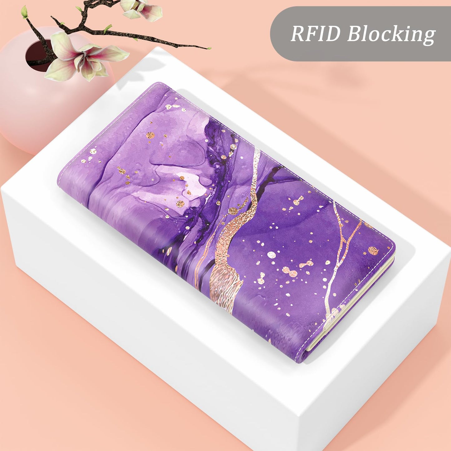 TMOODEL Wallet Women, Cute Marble RFID Blocking Credit Card Holder for Women, Slim Thin Leather Bifold Ladies Purse, Clutch Billfold Card Holder Wallets with 11 Card Slots & ID Window, Purple Abstract