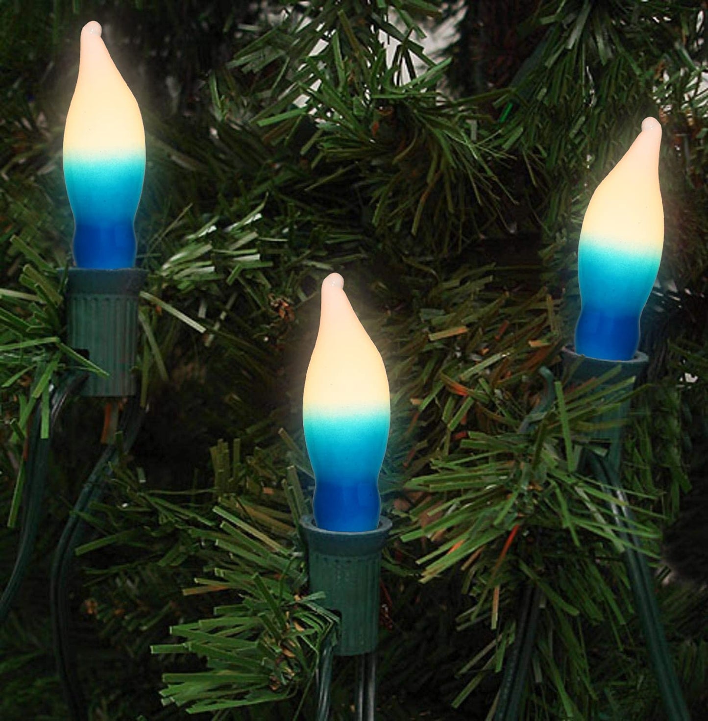 GOOTHY 12 Pack White Blue Christmas Flame Shape Light Bulbs, C18 Candle Light Replacement Bulbs for Christmas Hanukah Electric Candles Chandeliers- 7 Watts /120 Volts/ E12 Candelabra Base- White/Blue