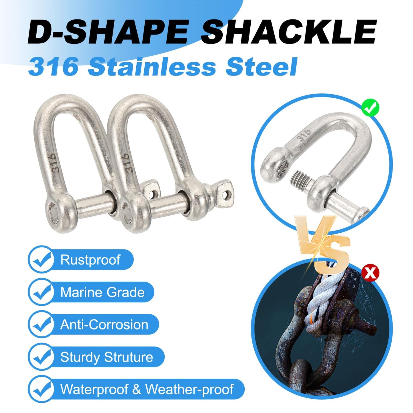 PATIKIL 5/16"(7.74mm) 882lb 316 Stainless Steel D Shackle, 8Pcs Heavy Duty Screw Pin Shackle Marine Grade for Chains Wire Rope Outdoor, Silver