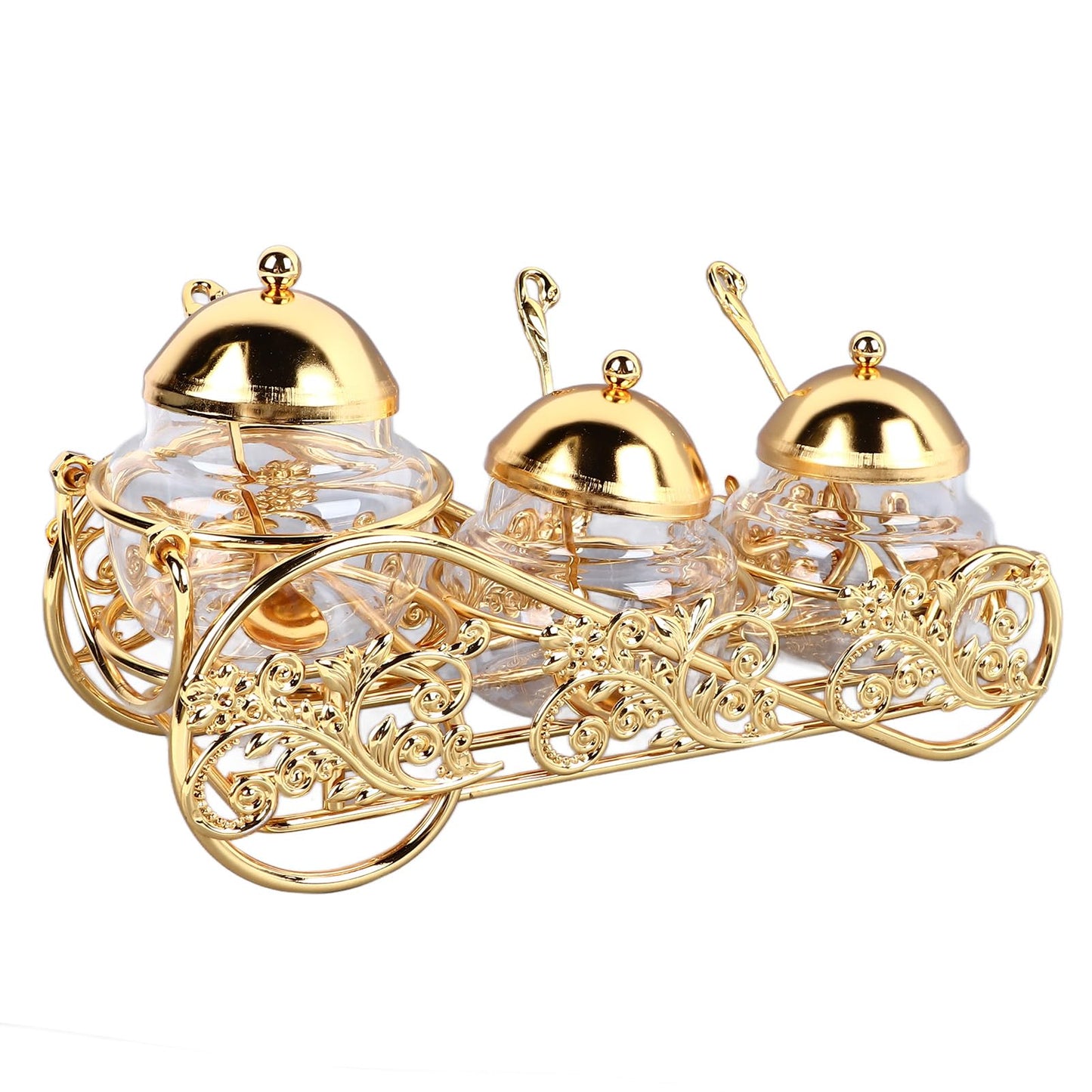 Zerodis European Sugar Jar Set,3 Pcs Crystal Golden Sugar Bowl Sugar Can Condiment Container Seasoning Bowl Salt Bowl Pepper Coffee Storage Pot with Lid Spoon