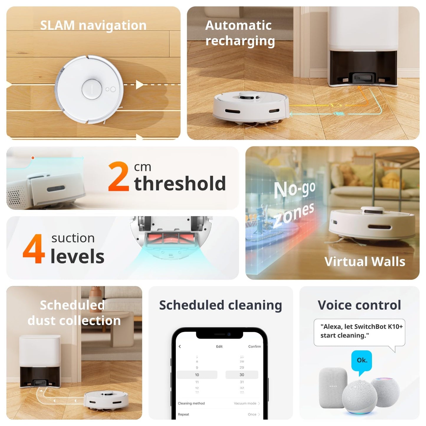 SwitchBot Mini Robot Vacuum K10+, Self-Emptying Base for 70 Days of Cleaning, LiDAR Navigation, Robot Vacuum and Mop Combo with Custom Cleaning, 48dB Ultra Quiet, 150Mins Max, Compatible with Alexa