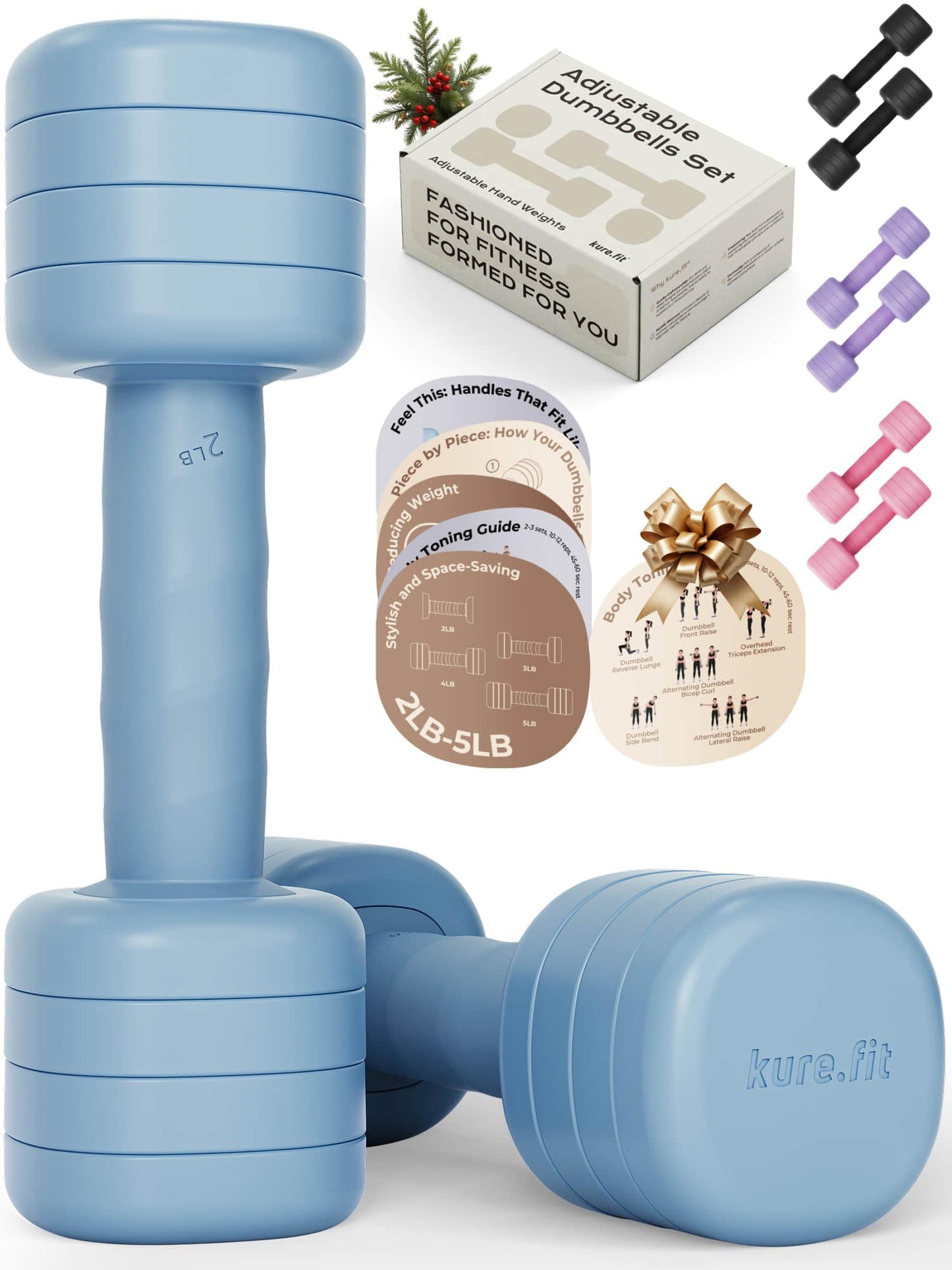 Adjustable Dumbbell Set｜2LB 3LB 4LB 5LB Light Hand Weights for Women｜One-Twist Weight Adjustment｜Non-Slip Curved Grip Handle｜Free Weights for Home Gym, Rehab, Pilates, Yoga, Strength Training