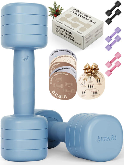 Adjustable Dumbbell Set｜2LB 3LB 4LB 5LB Light Hand Weights for Women｜One-Twist Weight Adjustment｜Non-Slip Curved Grip Handle｜Free Weights for Home Gym, Rehab, Pilates, Yoga, Strength Training