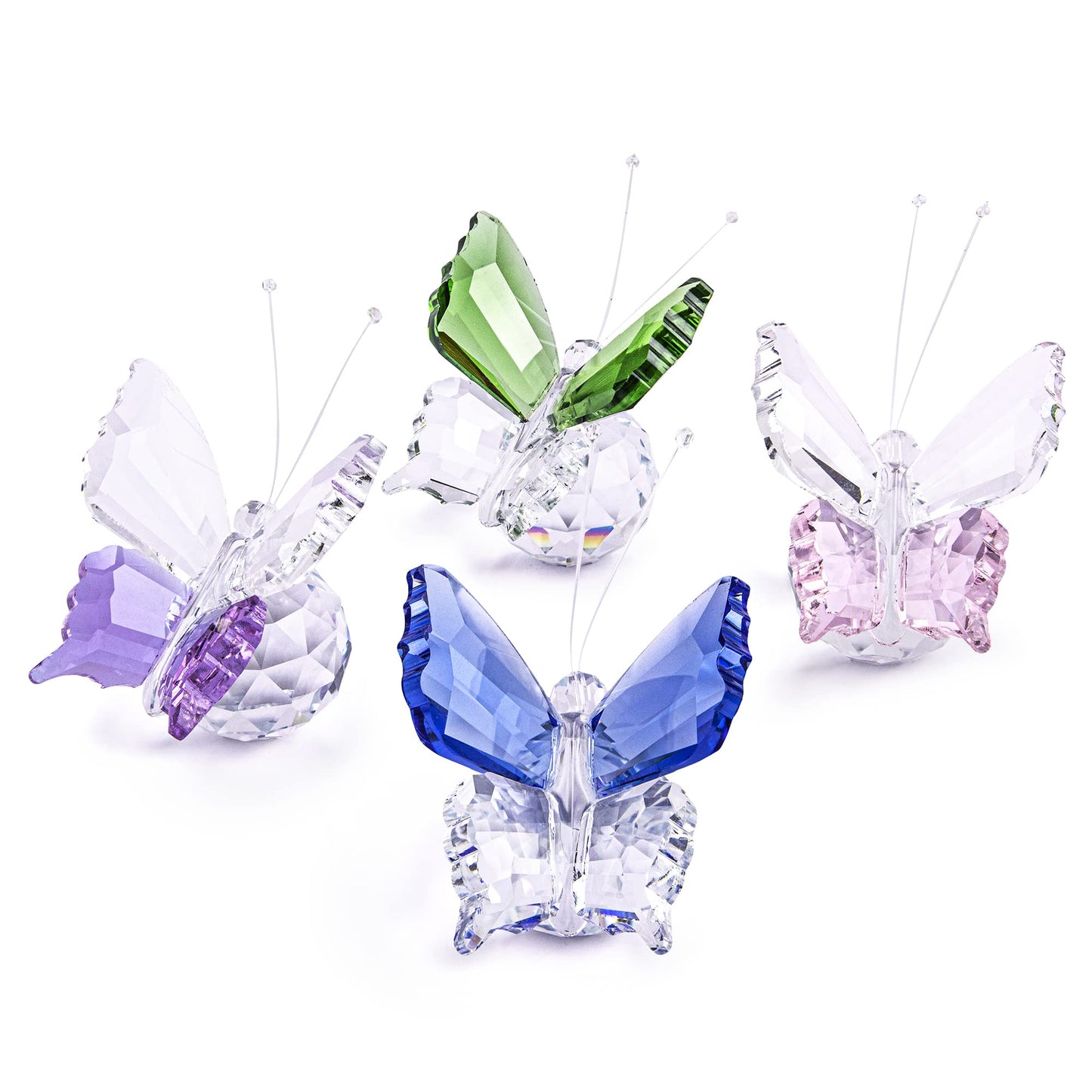 H&D HYALINE & DORA Set 4pcs Crystal Flying Butterfly with Ball Base Figurine Cut Glass Ornament Statue Animal Figurine Collection Home Wedding Office Table Decorations