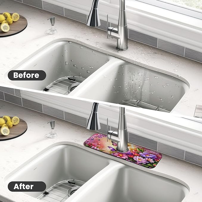 Pink butterfly flower Kitchen sink faucet pad, strong water absorption