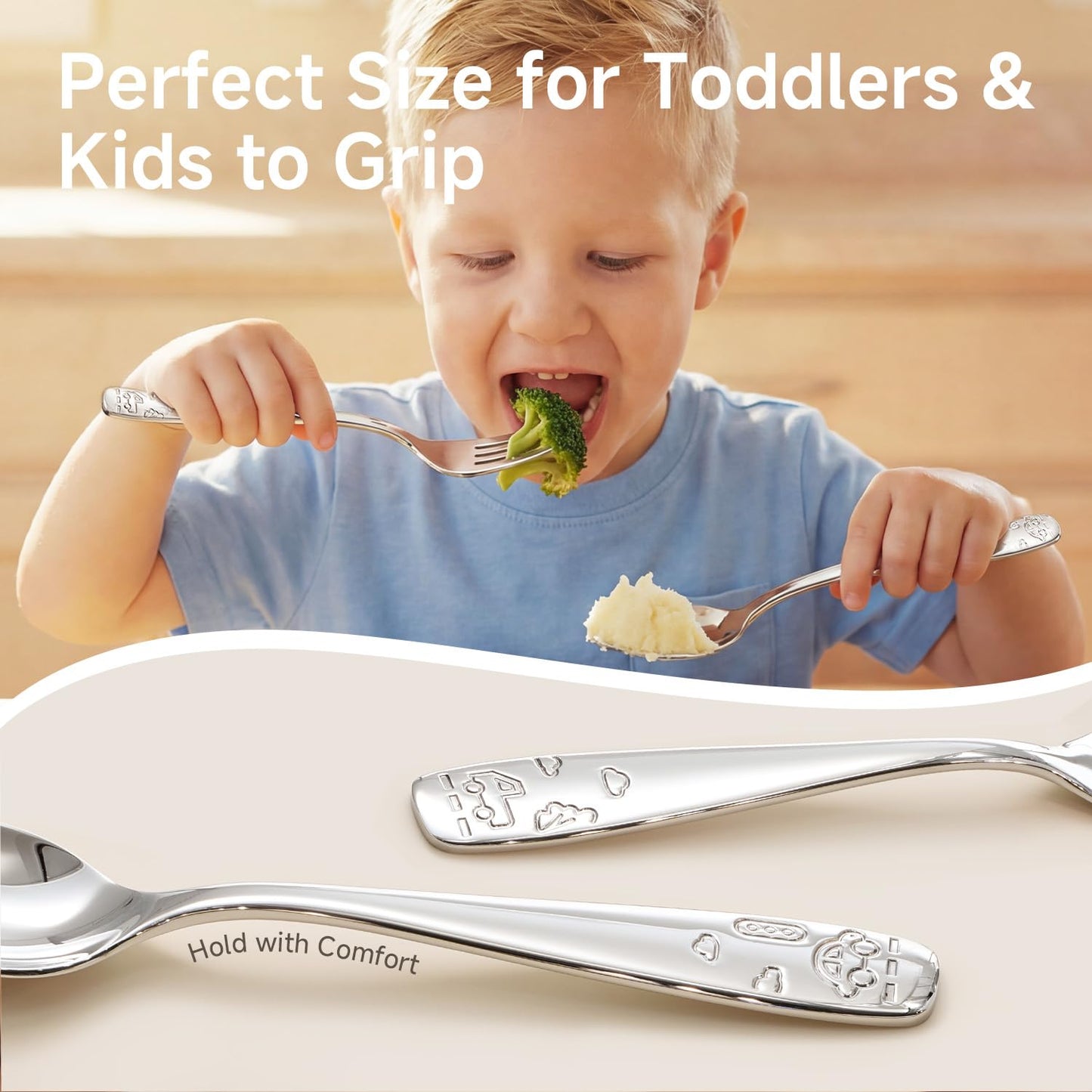 KINGSTONE 6 Pieces Toddler Utensils Set, 18/10 Stainless Steel Kids Silverware, 3 Forks & 3 Spoons, Food-Grade, Cute Car Design, Dishwasher Safe for Children Self-Feeding