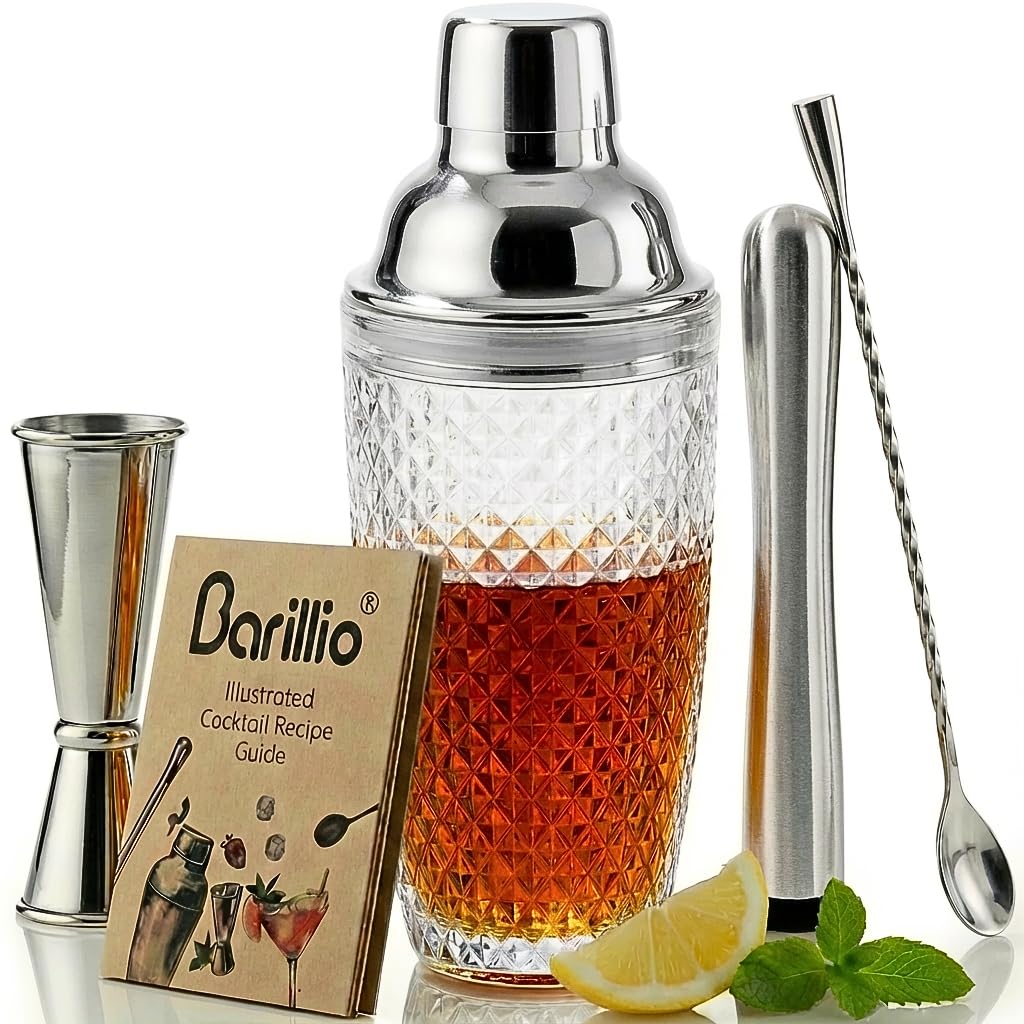 Barillio Glass Cocktail Shaker Set | 14 oz Cobbler Mixer with Bar Tools | Bartender Kit with Measuring Jigger, Mixing Spoon and Muddler | Gift Set