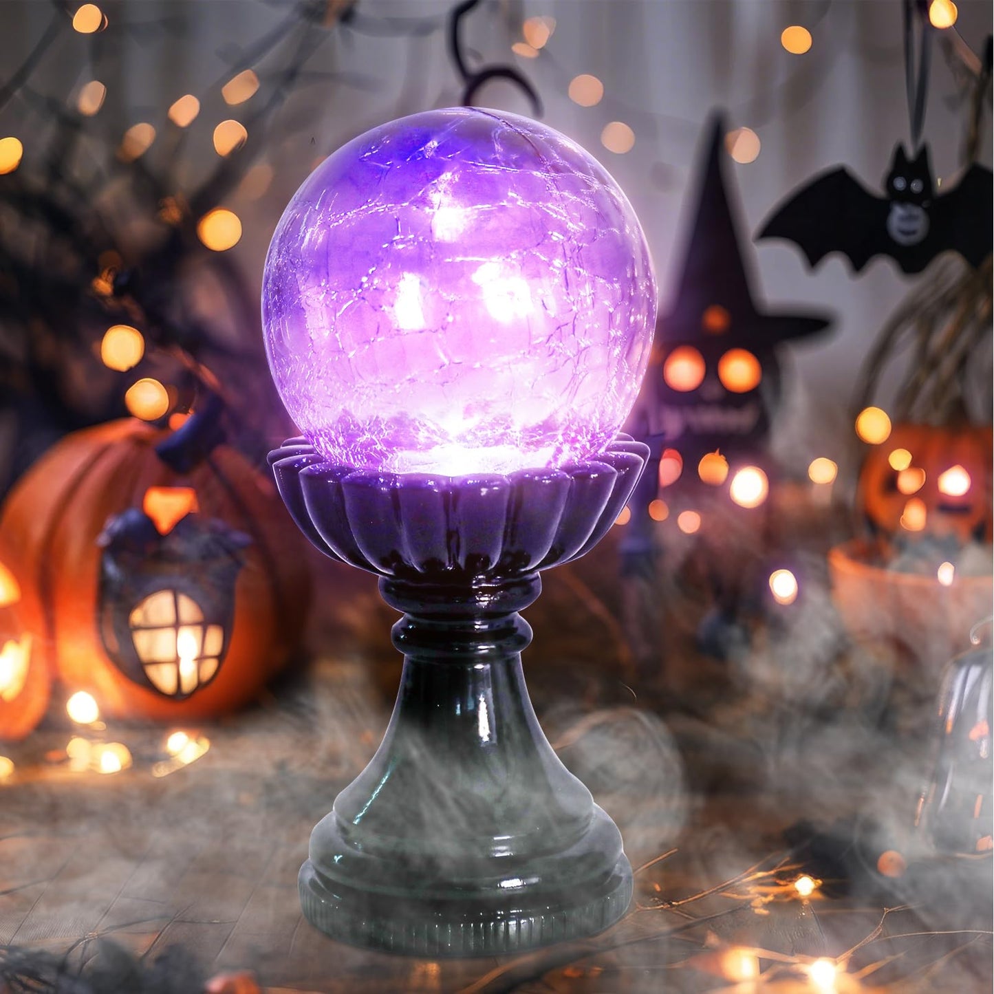 MUMTOP Halloween Indoor Decorations, Purple Glass Crackle Globe with LED Light Halloween Magic Ball Figurine Resin Statue for Home Kitchen Room Party Table Decor