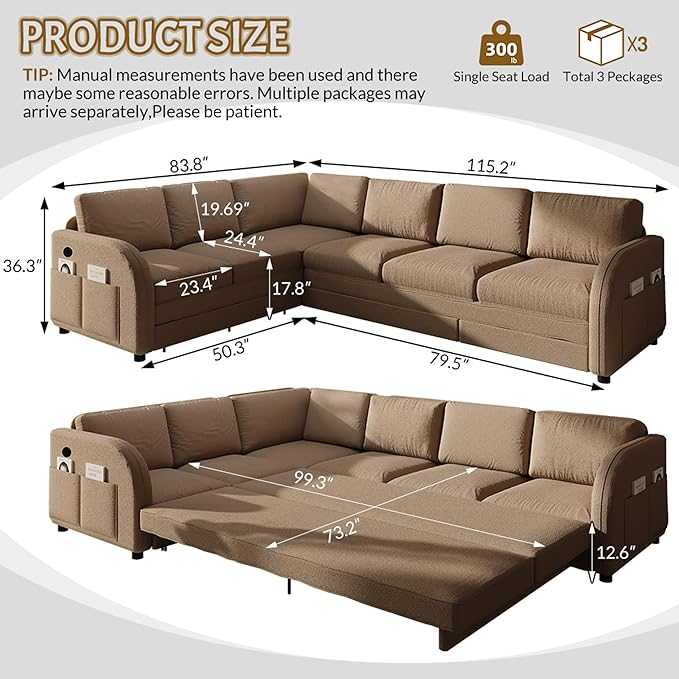 King Size Sleeper Sofas Convertible Couches, Oversized 6-Seat Sectional Sofa