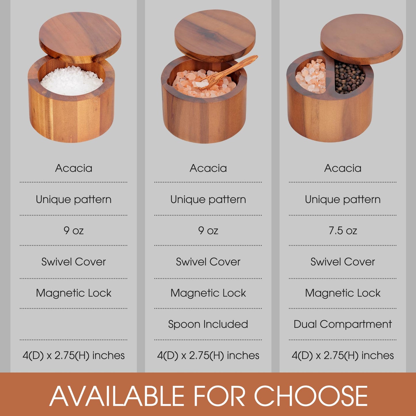 Demigo Acacia Salt Cellar 9 Ounces Capacity, Wood Salt Box With Swivel Cover, Spice Keeper, Wood Jar For Kitchen, Perfect For Keeping Table Salt, Gourmet Salts, Herbs or Favorite Seasonings
