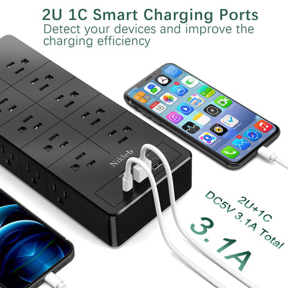 Power Strip 23 in 1, 20 Outlets Surge Protector Wall Mount with 2 USB+1 USB C Ports, Multi Plug Extension Cord 6ft Heavy Duty, Accessories for Gaming, Studio, Home, Office, Desk Organizers