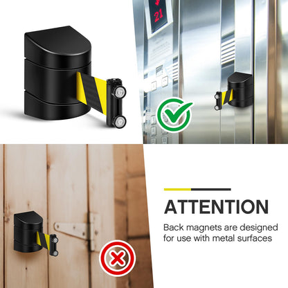 Landical 6 Pack 16.4 ft Magnetic Wall Mount Retractable Belt Magnetic Crowd Control Safety Retractable Wall Barrier with ABS Case, Safety Barrier for Grocery Retail Store (Yellow Black Rope)