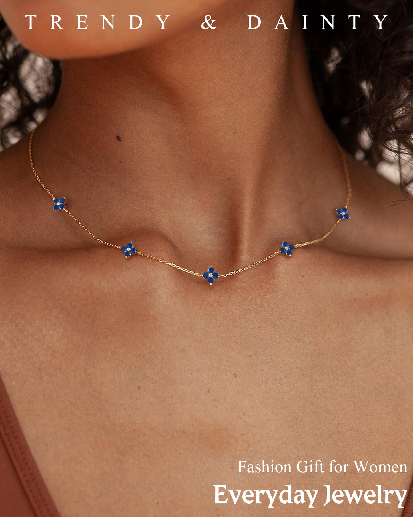 ZHESHY Birthstone Gold Necklace for Women Dainty Non Tarnish 14K Gold Plated Clover Necklaces Sapphire Blue CZ Station Choker Necklace Birthday Gifts Womens Gold Jewelry