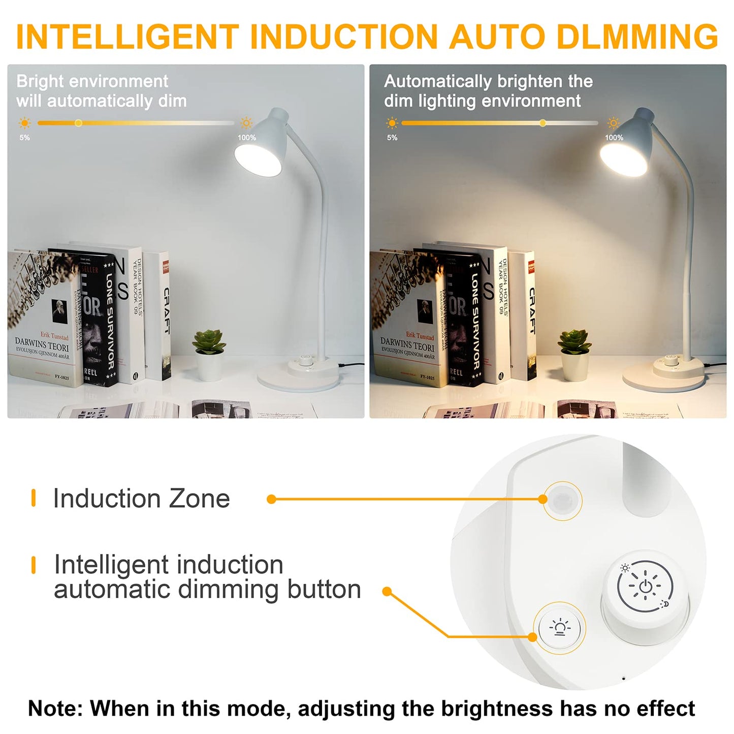 BOHON LED Table Lamp with USB Charging Port, 3 Color Modes Dimmable Reading Lamp, Automatic Dimming Task Lamp, Flexible Goose Neck Table Lamp for Dorm Bedside Table with Adapter, White