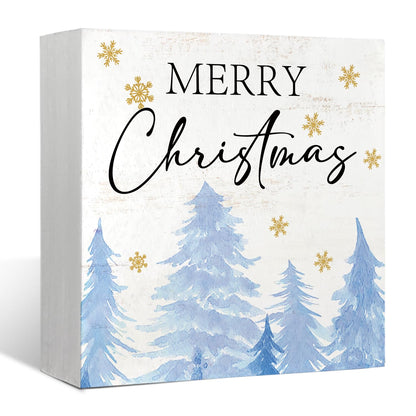 Mtrgdn Blue Christmas Decor Wooden Box Sign,Rustic Merry Christmas Sign for Bedroom Bathroom Home Office Desk Shelf Wall Decor,Blue Xmas Tree Decorations Gifts for Women Girls,5x5 Inch