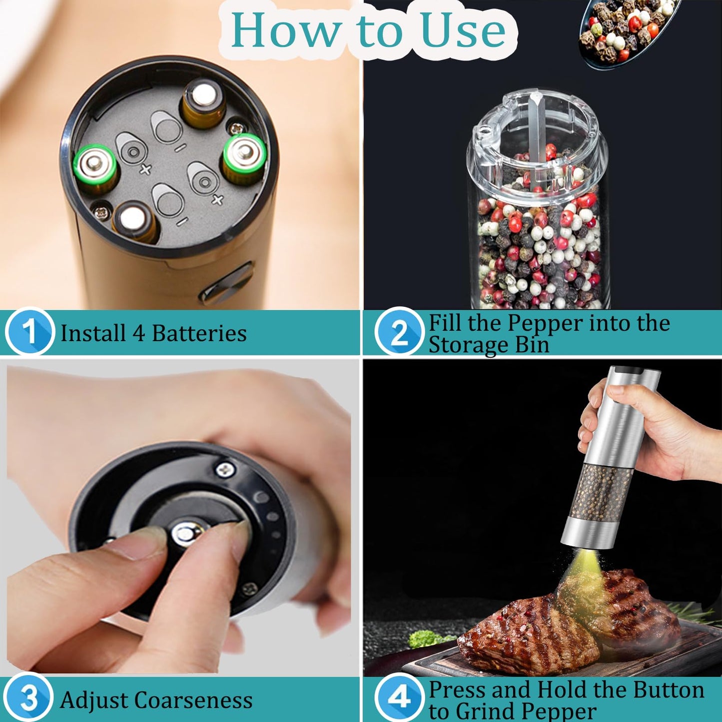 Electric Salt and Pepper Grinder Set, Automatic Salt Pepper Mill Grinder with Adjustable Coarseness, 95ml Large Capacity, LED Light & Easy Refill, Battery Operated Spice Grinders for Kitchen (Sliver)