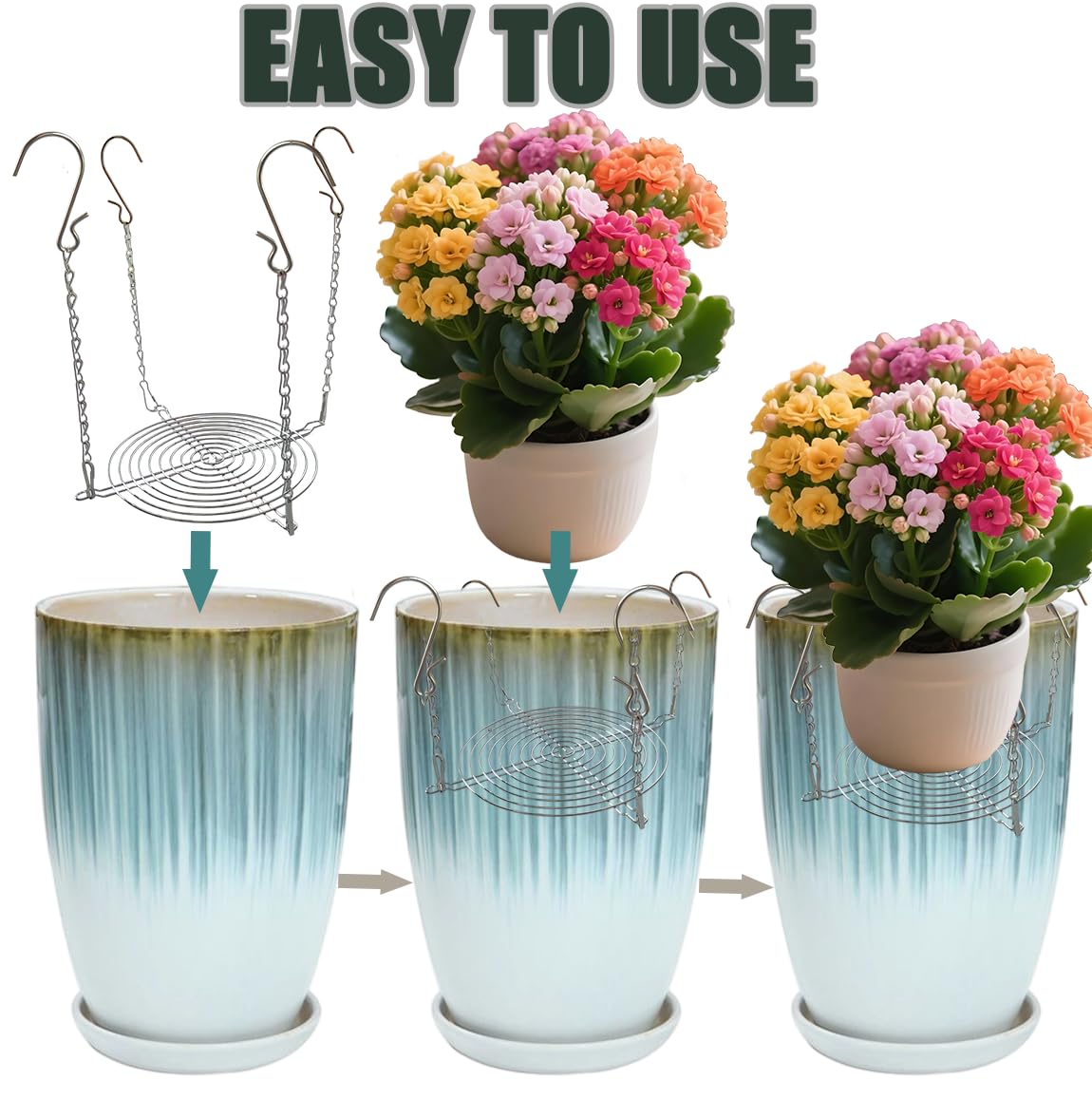 Toeloioh Adjustable Height Planter Inserts for Tall Planters Large Pots,4 Hooks Fits in The Top Openings,Chain Planter Filler Elevate Plants,Wedding & Party Decor