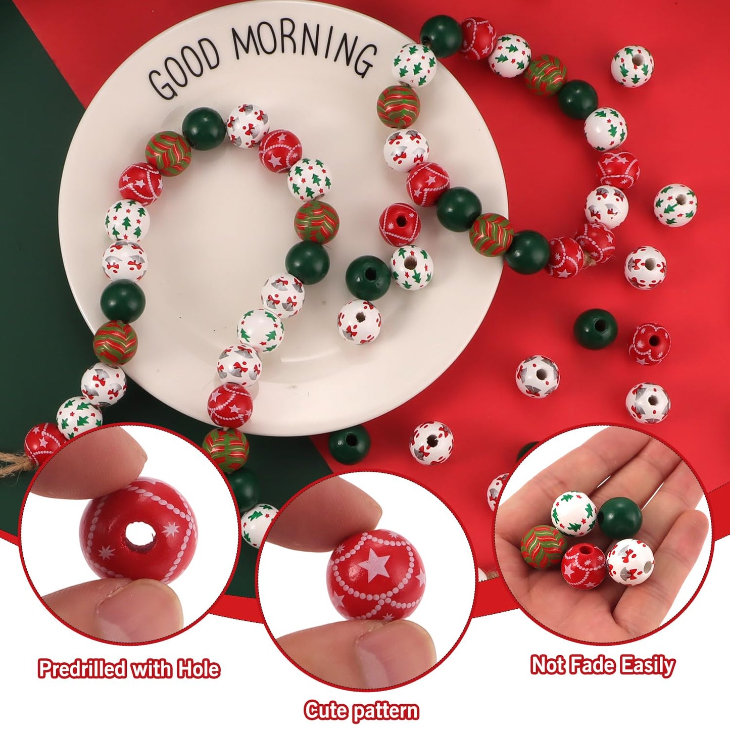 200 Pcs Christmas Wooden Beads for Crafts Red Green Round Craft 5 Styles Christmas Tree Bell Peppermint Swirl for Xmas DIY Garland Jewelry Making Home Decor