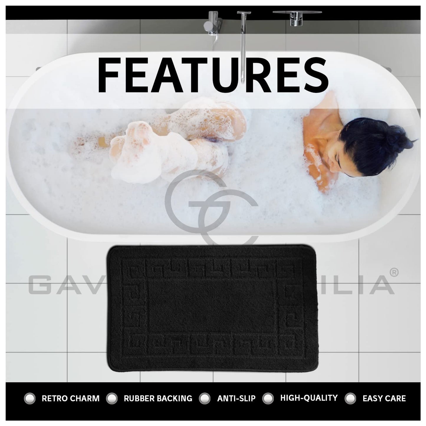 GC GAVENO CAVAILIA Greek Key Pattern Bath Mats 2 Piece Sets Non Slip, Soft Washable Rug Quick Dry Water Absorbent Bathroom Shower Mat & Pedestal Set, Black