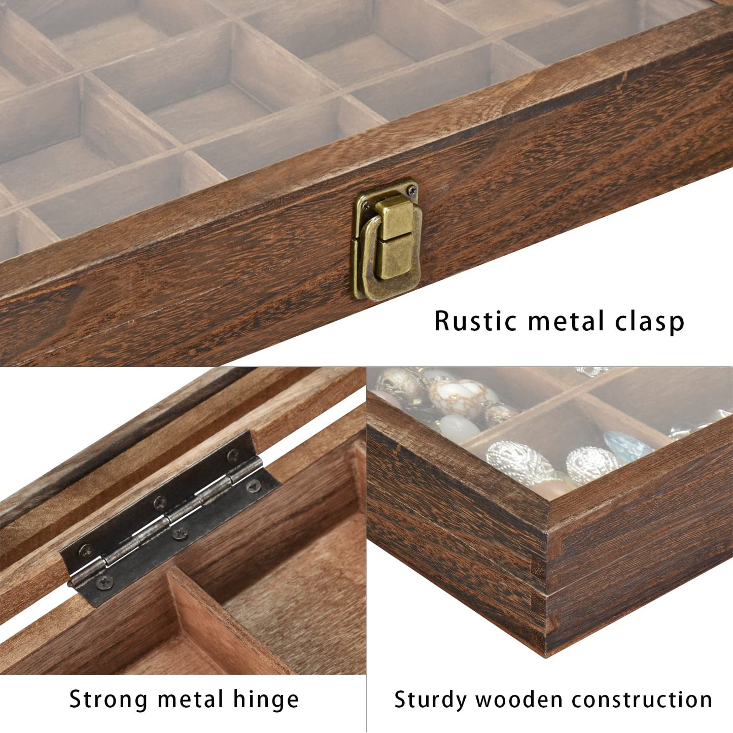 MOOCA Wooden Jewelry Display and Beads Display Storage Case with Tempered Glass Lid , 18 Compartments, 15" W x 8 3/8" L x 2 1/8" H, Brown Color