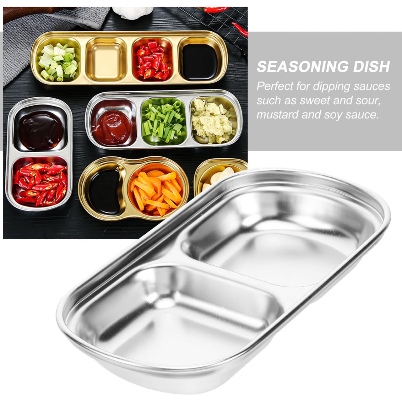 Hemoton 3Pcs Stainless Steel Seasoning Dishes,2 Grid Dipping Sauce Dishes Rectangle,Appetizer Plates,Dipping Sauce Bowl for Soy Vinegar BBQ-Chip and Condiments