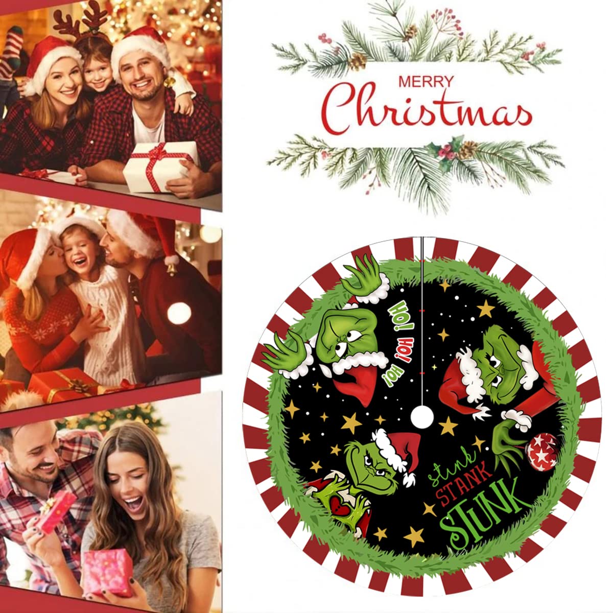 VGNRAR Christmas Tree Skirt 48 Inches Soft Plush Xmas Tree Mat Winter Christmas Tree Decorations Red Green Cartoon Cute Tree Collar Farmhouse Tree Skirts for Home Decor Holiday Party Supplies