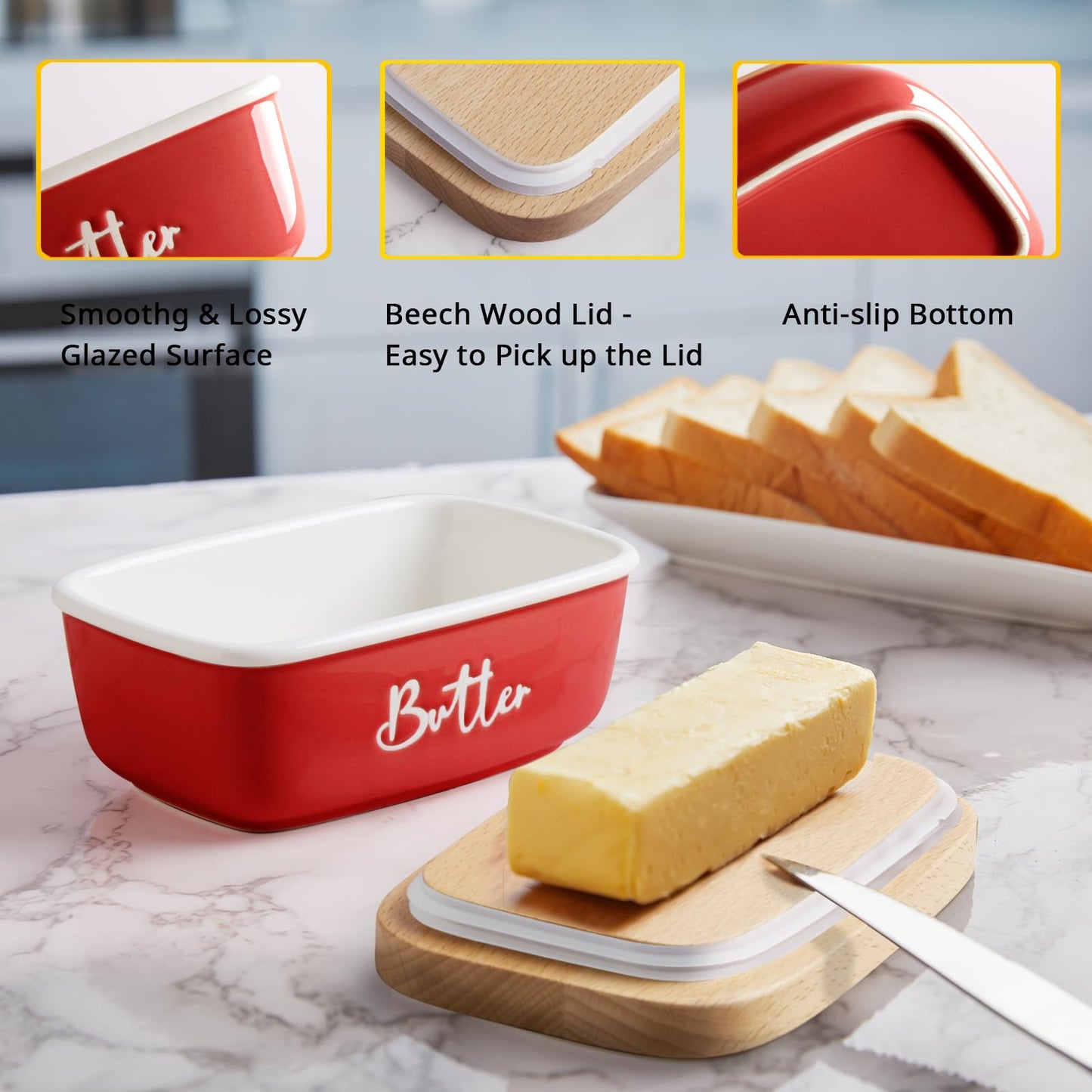 ALELION Red Butter Dish with Lid for Countertop, Ceramic Butter Container with Beech Wood Lid, Airtight Butter Keeper for Counter or Fridge, for Red Kitchen Decor and Accessories