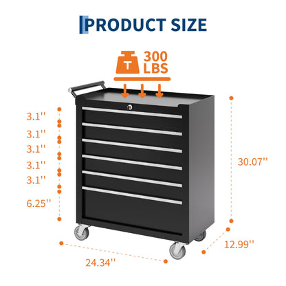 PeakPursuit 6-Drawers Rolling Tool Chest, Portable Tool Box with Wheels and Lock System, Secure Storage Cabinet for Warehouse, Workshop, and Repair Shop, Black