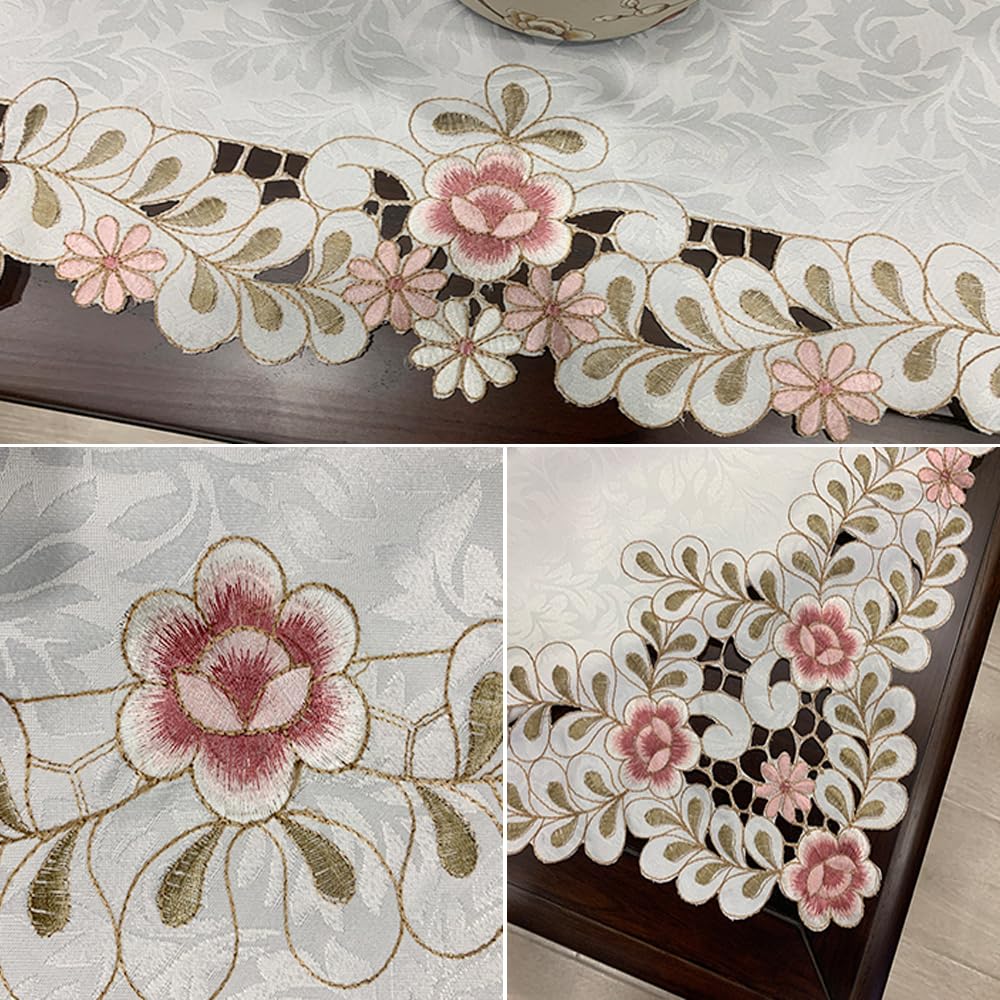 MULBESS Round Table Cloth Flower Embroidered Lace Tablecloth Wrinkle Free & Stain Resistant Fabric Tablecloths Table Cover for Kitchen Dinner (Round 60 inch)