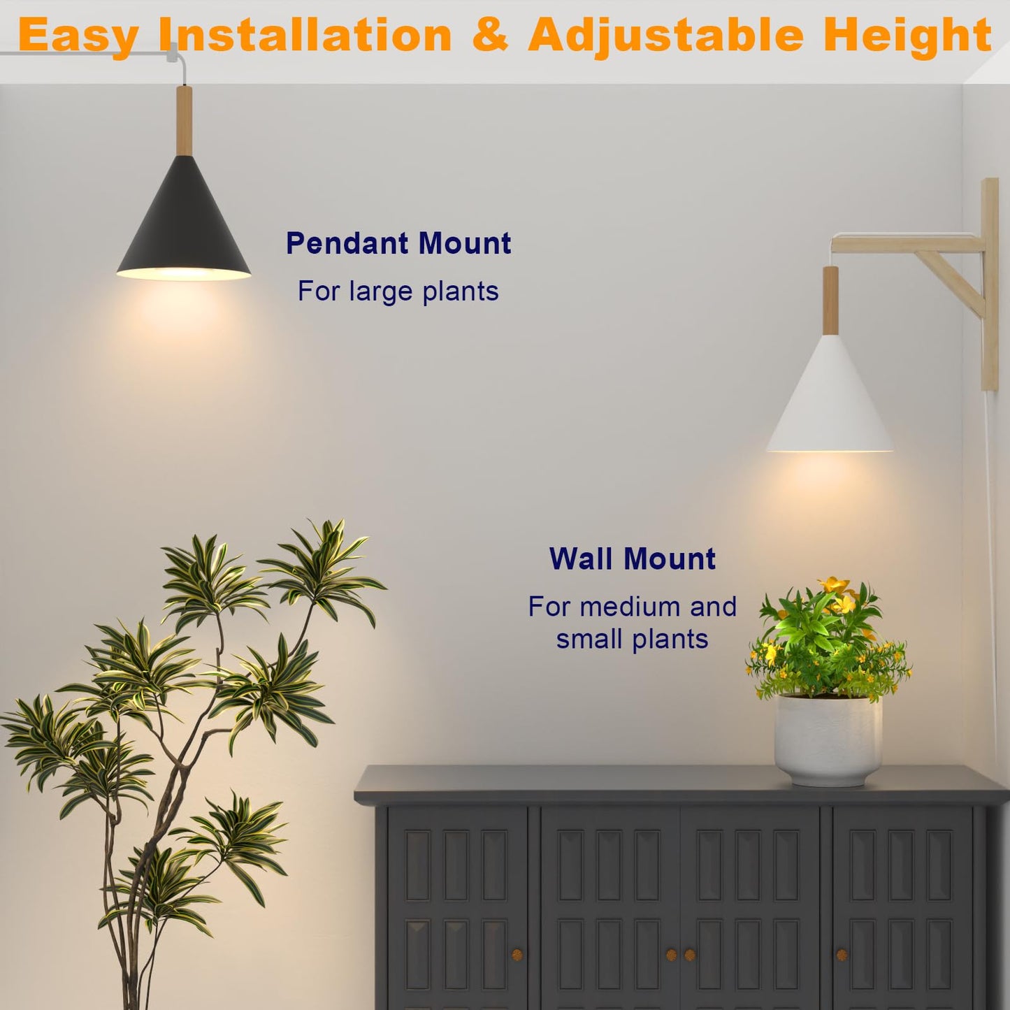 Hanging Grow Lights for Indoor Plants, 20W Full Spectrum Plant Lamp with Timer, Adjustable Height, Wall-Mounted 3000K Growlight with 14.5 ft Power Cord, for Greenhouse, Garden, Large Plants (Black)