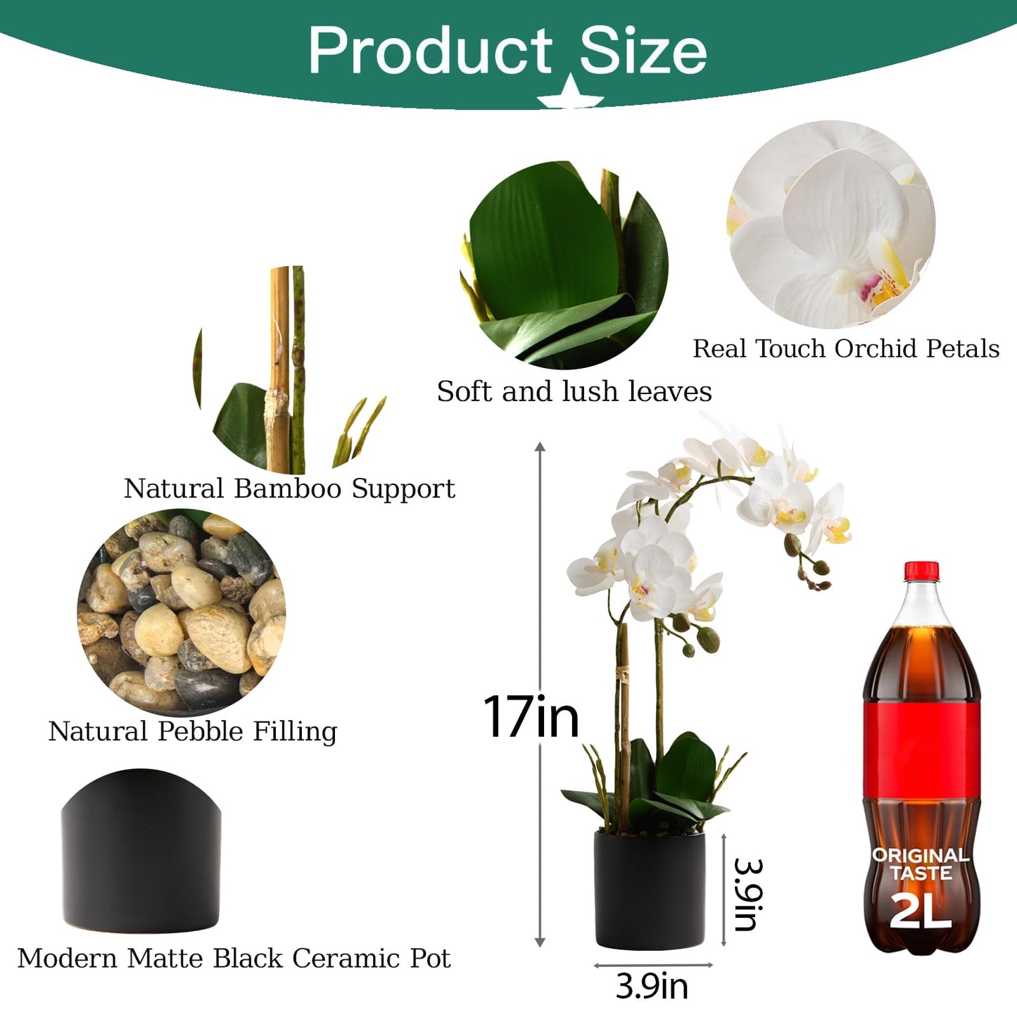 Pmyra 17" Fake White Orchid Flowers in Ceramic Pot,Real Touch Orchids Artificial Flowers Potted Plant,Faux Phalaenopsis Flowers Potting for Home Wedding Table Centerpiece Bathroom Office Decor