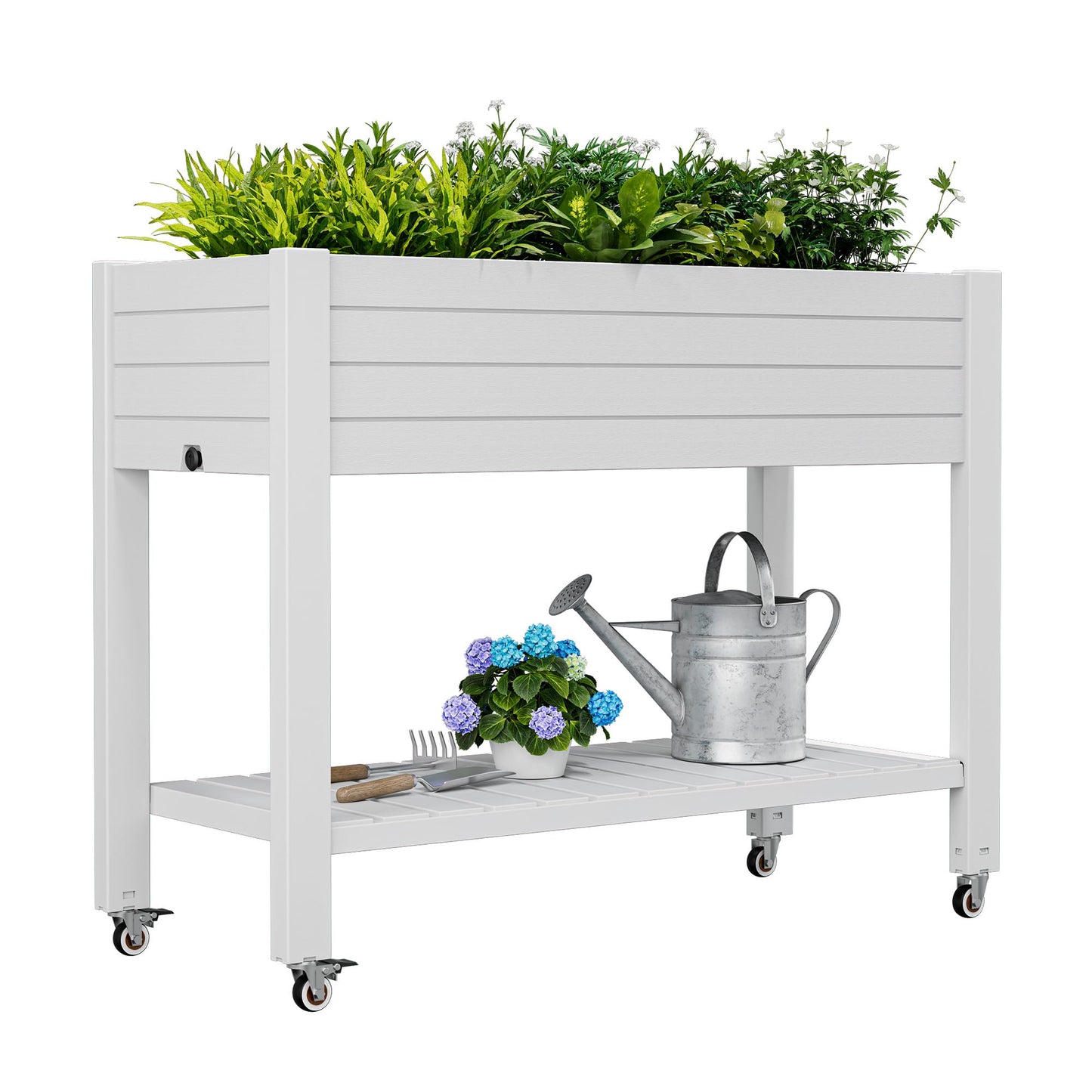 WTFGO Raised Garden Bed with Wheels, Divisible Resin Planter Box with Drainage Gauge & Storage Shelf, Herb Planter for Garden Patio Backyard, Ashen (33.7" h)