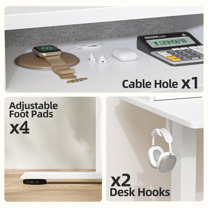 TIQLAB Standing Desk with Two Drawers, Stand Up Standing Desk Adjustable Height, Electric Sit Stand Table with Storage Shelf and Splice Board, 55 * 24 inch, White