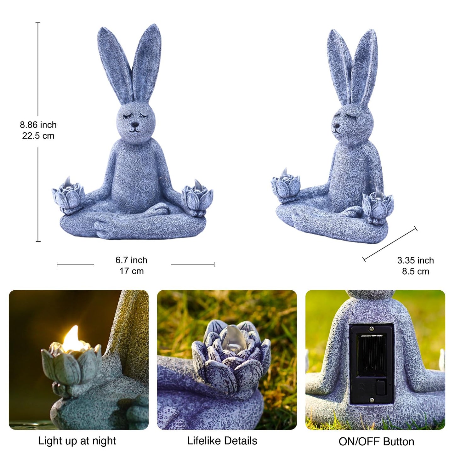 Goodeco Zen Rabbit Statue with Solar Lotus - Garden Yoga Bunny with LED Solar Lotus Lights, Sitting Meditating Buddha Rabbit Serene Resin Figurine for Patio Yard Lawn Ornaments, Home or Outside