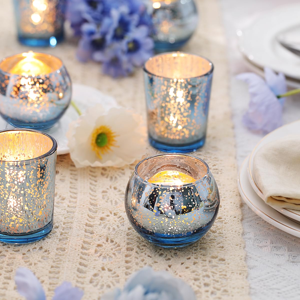 LETINE 36pcs Blue Votive Candle Holders - Elegant Mercury Glass Tea Light Candle Holder Set for Weddings, Holiday Season Decorations,Christmas Table Centerpieces