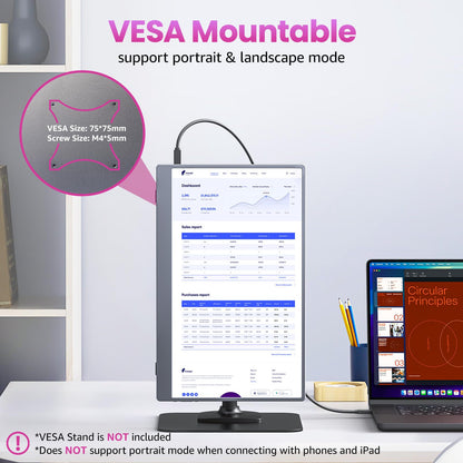 Portable Monitor 18.5 inch 1080P FHD 128% sRGB 100Hz, Travel Monitor for Laptop MacBook Surface PC Xbox PS5, HDMI Dual USB-C VESA Compatible Built-in Speaker, with Kickstand