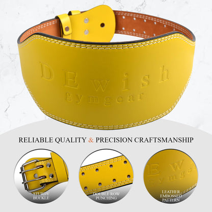 Leather Gym Fitness Belt, 4" & 6" Padded Lumbar Back Support, 10 Adjustable Holes for Weightlifting Powerlifting Bodybuilding Deadlift Squat Workout Strength Training (6-Inch, Yellow, XL (37"-40"))